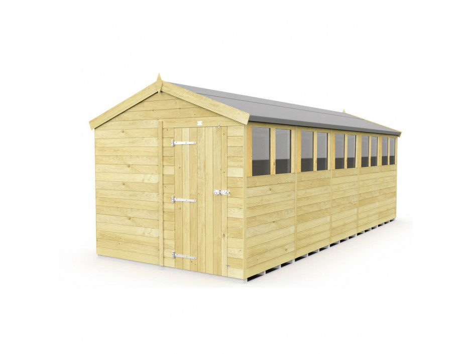 The 8ft wide Apex Shed by ShedsDIY features tongue and groove panels, a gabled roof, and a row of windows on one side for sunlight. The front has a single door with metal hinges and latch, while the durable dark roof material ensures longevity in this garden storage haven.
