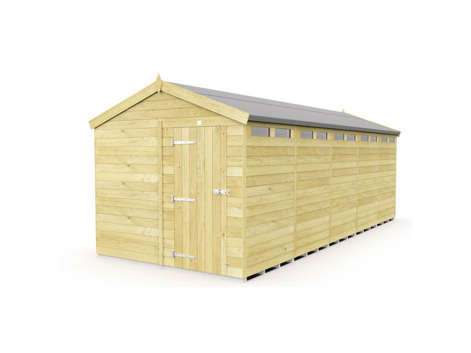 The ShedsDIY Apex Shed 8ft wide features a charming light pine finish with tongue and groove construction, a sloped roof with small windows, and a sturdy metal-hinged front door. Ideal for garden storage or as a workspace, it sits elegantly on any flat surface.