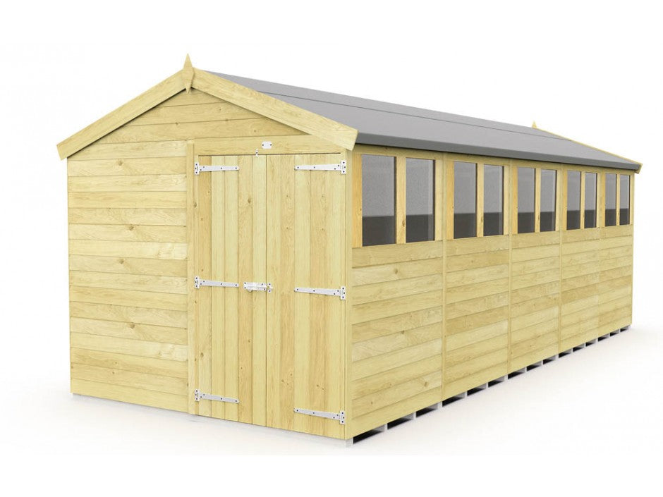 The ShedsDIY Apex Shed, 8ft wide with a gabled roof and multiple side windows, blends into any garden. Its natural wood finish, tongue-and-groove design, double doors with metal hinges make it ideal for storage.