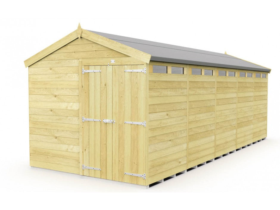The ShedsDIY Apex Shed 8ft wide features tongue and groove construction, a pitched roof, and twin doors. It has a light natural wood finish with small upper side windows. Metal hinges and latches provide secure garden storage.