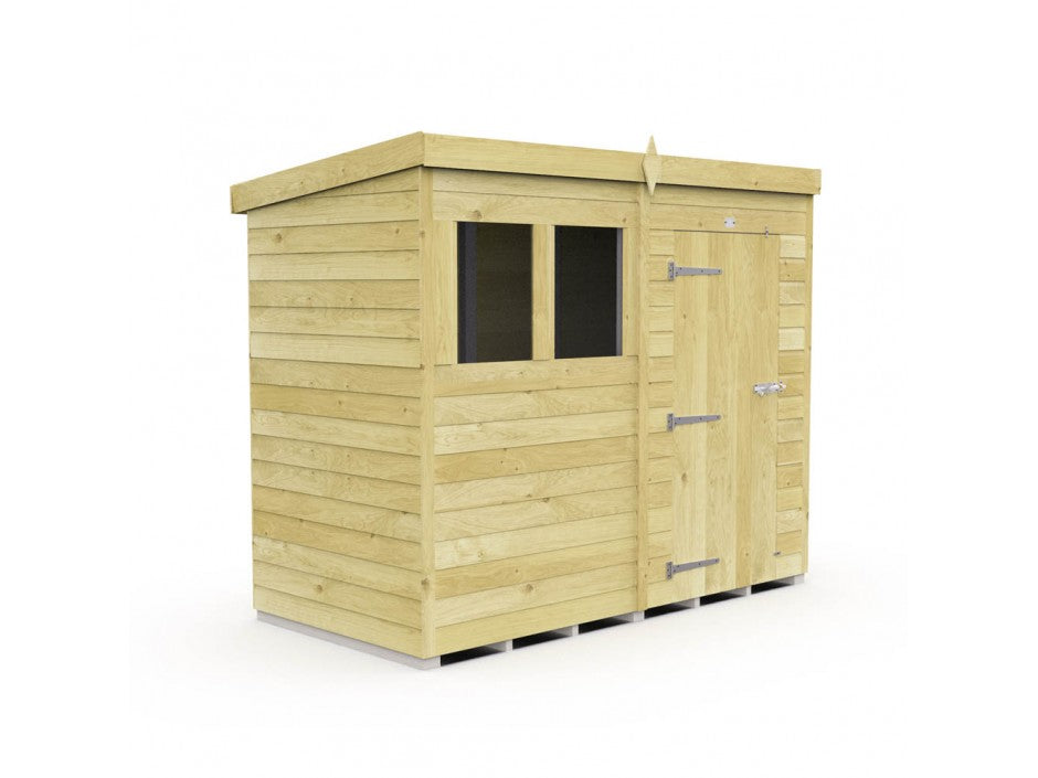 The ShedsDIY Pent Shed 4ft wide features a flat roof, single window, and double doors with tongue and groove cladded panels and metallic hinges. Perfect for garden storage, it is displayed against a plain white background.
