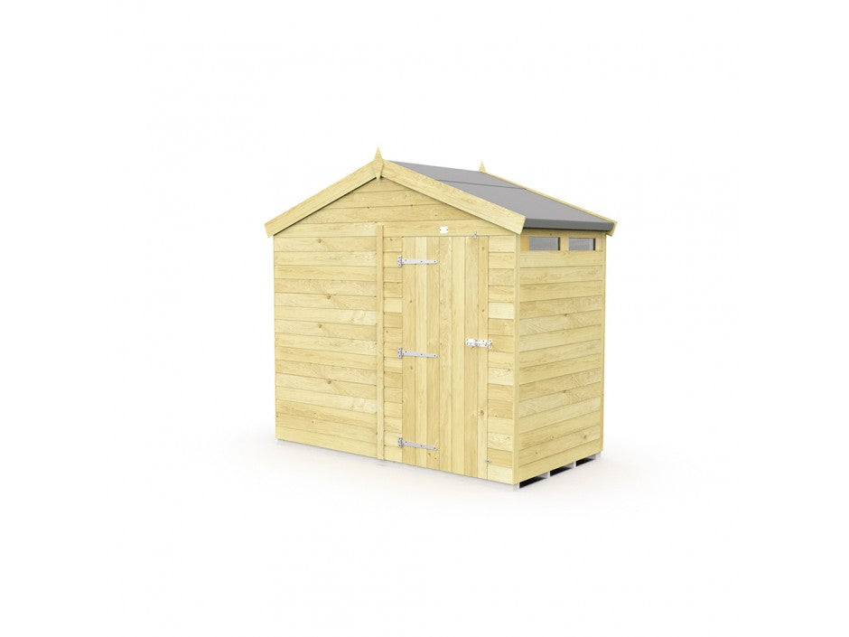 The ShedsDIY Apex Shed 8ft wide, featuring a wooden structure with a pitched roof and small window panels near the top, has metallic hinges and latch for secure garden storage. It is displayed against a plain white background.