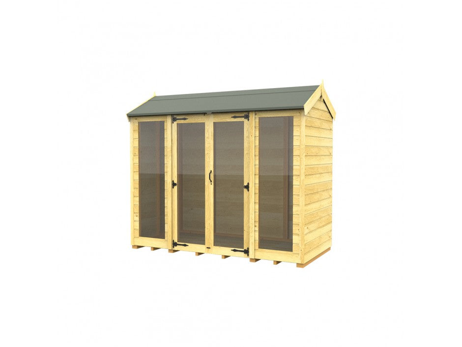 The ShedsDIY Apex Summer House is a wooden chicken coop with tongue and groove construction, a green gabled roof, and four vertical wire mesh panels. It includes hinged door handles for easy access and features a natural wood finish.