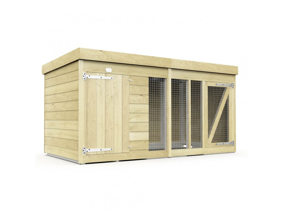 The ShedsDIY water-based treated Dog Kennel is an ideal outdoor shelter featuring a flat roof, a hinged left door, and right-side wire mesh. Its natural wood finish ensures a secure enclosure for small animals.