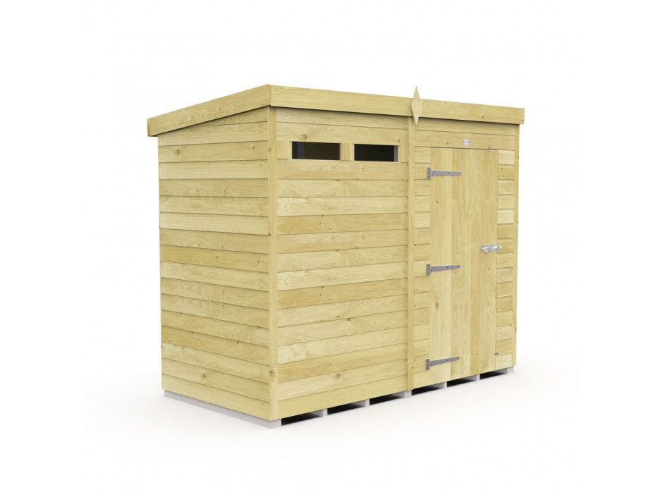 The ShedsDIY Pent Shed 4ft wide is a wooden garden storage building featuring a slanted roof, small rectangular window, single door with metal hinges and latch, and horizontally arranged tongue and groove cladding for a simple, functional appearance.