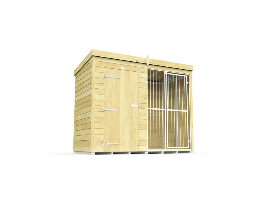 The ShedsDIY Dog Kennel features a wooden double kennel and dog run. It has a left-sided enclosed section with a solid door and metal hinges, and a right-sided section with metal bars for ventilation or viewing. The outside shelter is water-based treated, set against a plain white background.