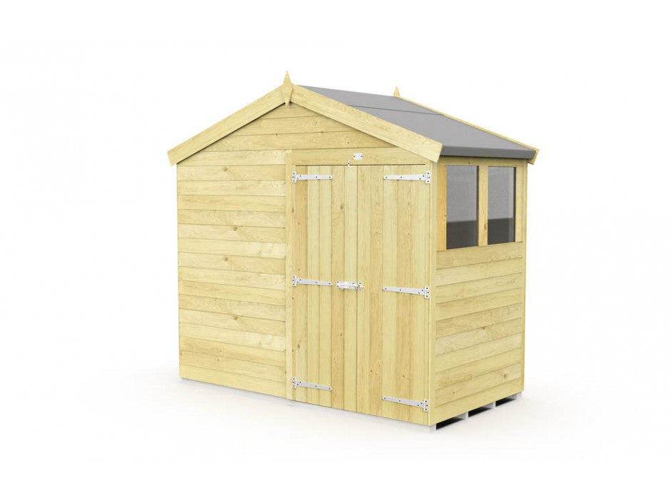 The Apex Shed 8ft wide by ShedsDIY is ideal for garden storage, featuring a gabled roof and double doors. It has light-colored tongue-and-groove wood panels, a side window, sturdy metal hinges, and a dark roof for an elegant touch.