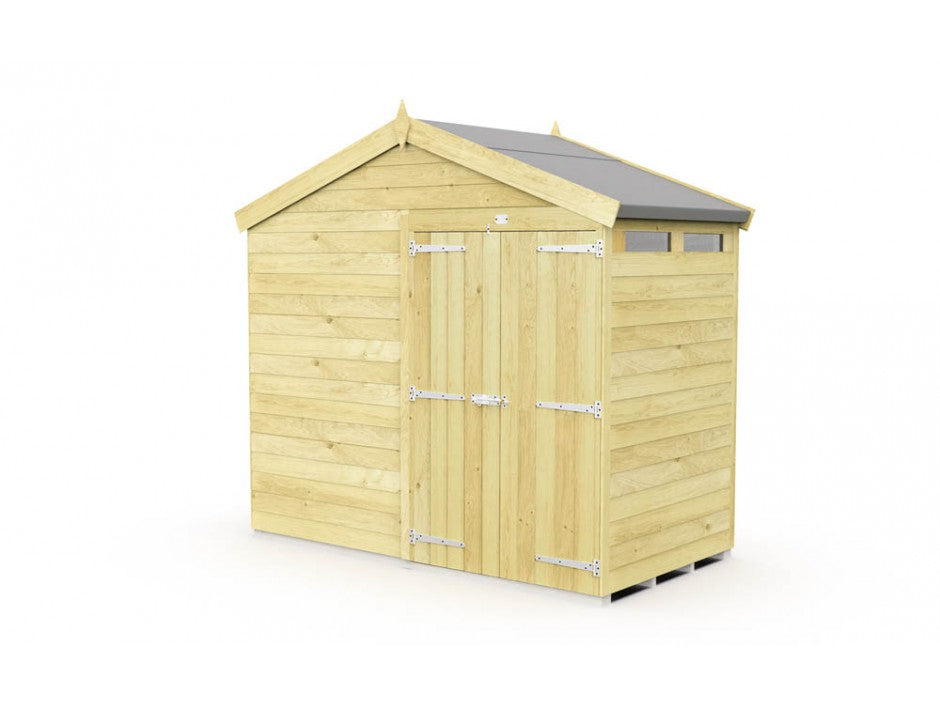 The ShedsDIY Apex Shed 8ft wide features tongue and groove construction, a peaked roof, two-panel doors with silver hinges, and a natural wood finish. It includes a small row of windows near the top, making it ideal for garden storage. The shed is freestanding on a white background.
