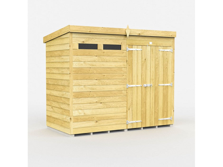 The ShedsDIY Pent Shed 4ft wide is a wooden garden storage building with a modern design, featuring a flat roof, tongue and groove cladded panels, two narrow windows on the left, and double doors with metal hinges and handles on the right, set against a plain white background.
