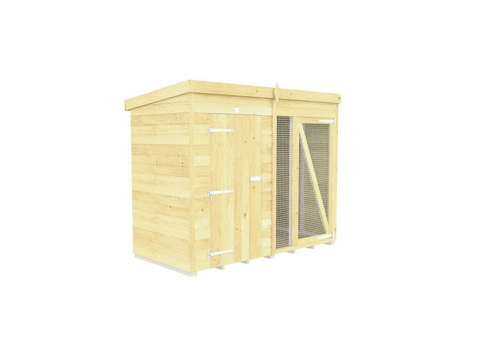The ShedsDIY Dog Kennel is a light wooden shed with a slanted roof, ideal for a dog kennel and run. It has a solid left door with metal hinges and a wire mesh section on the right for ventilation, crafted from water-based treated materials for durability.
