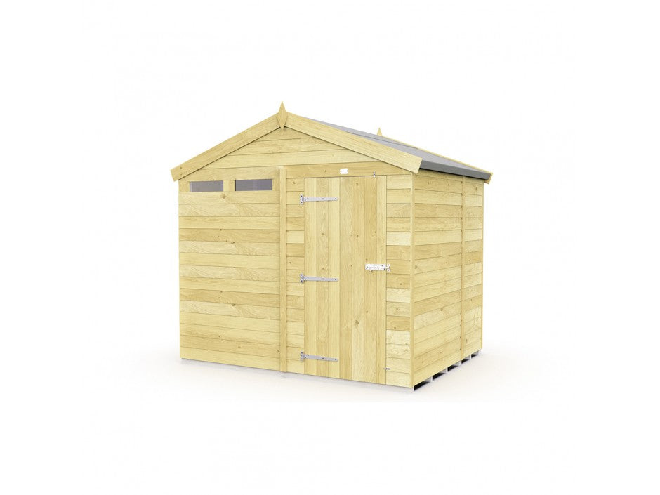 The ShedsDIY Apex Shed 8ft wide features tongue and groove vertical planks, a robust single door with metal hinges and latch, and small rectangular windows near the top. Its peaked roof with triangular ends makes it ideal for garden storage against a plain white background.