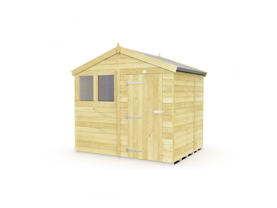 The Apex Shed 8ft wide from ShedsDIY is perfect for garden storage. It boasts a pitched roof, a single door with metal hinges, and two small square windows on one side. Crafted from light-colored tongue and groove wood panels, it stands sturdily on a simple foundation.