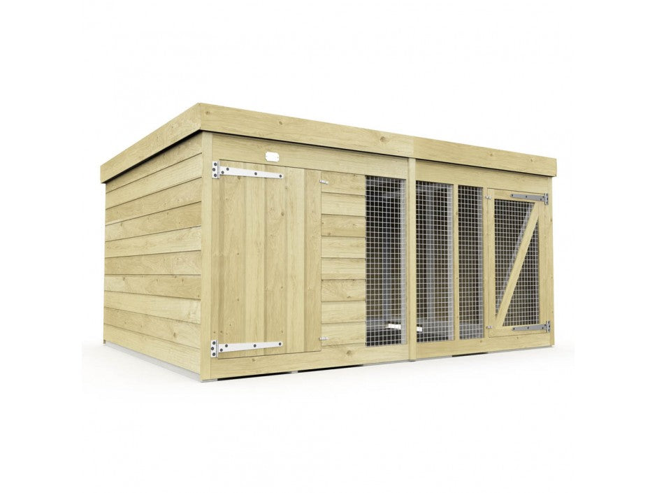 The ShedsDIY Dog Kennel is a sturdy outdoor wooden enclosure with a flat roof, featuring a large left door and right mesh section for ventilation. This rectangular structure, made from light-colored water-treated wood, serves as a durable dog kennel and run.