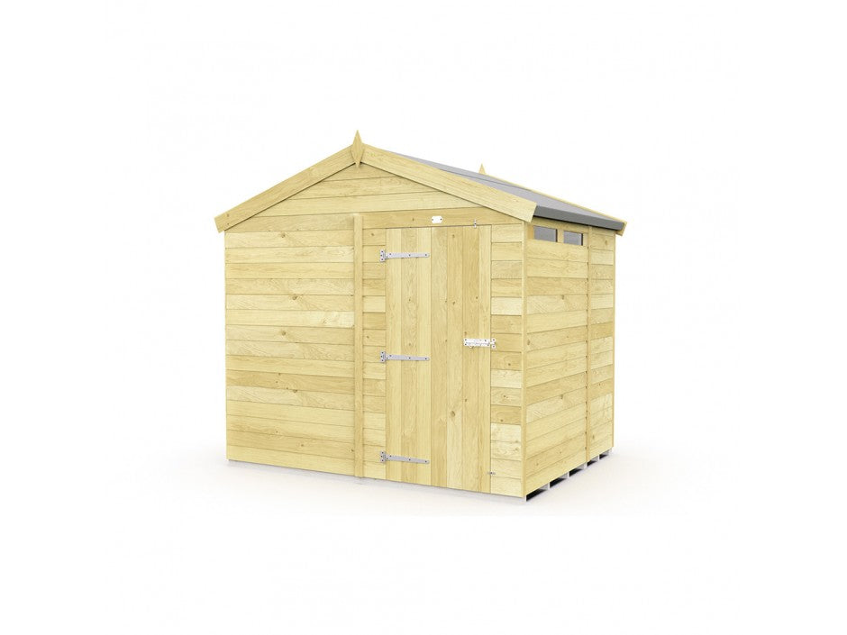 The ShedsDIY Apex Shed 8ft wide provides practical garden storage with a slanted roof and single front door. It features two small horizontal windows, tongue and groove construction with a natural wood finish, set against a simple white background.