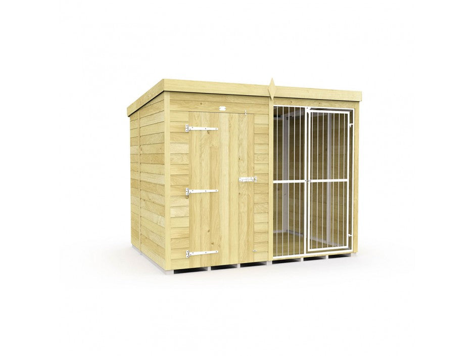 Set against a white backdrop, the ShedsDIY Dog Kennel is a treated wood structure with a flat roof offering great outside shelter. It features two sections: on the left, a solid door with metal hinges and on the right, a gate with metal bars.