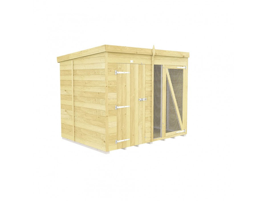 The ShedsDIY Dog Kennel features a flat roof and light wood finish treated with water-based solutions for durability. It includes a mesh-covered window on the right, a secure wooden door with metal hinges and latch on the left, and rests gracefully on a white base.