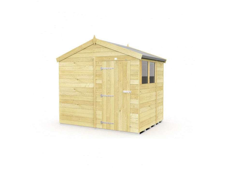 The ShedsDIY Apex Shed 8ft wide is a classic wooden garden shed with a peaked roof and two small side windows. Its tongue and groove construction features a front door with metal hinges and a latch, while the natural wood finish stands out against the white background.