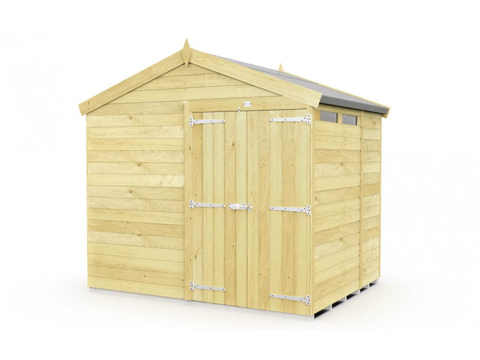 The ShedsDIY Apex Shed 8ft wide is ideal for garden storage, featuring a peaked roof and double doors of light-toned tongue and groove wood panels. It includes metal hinges and a narrow upper window strip for an elegant touch.