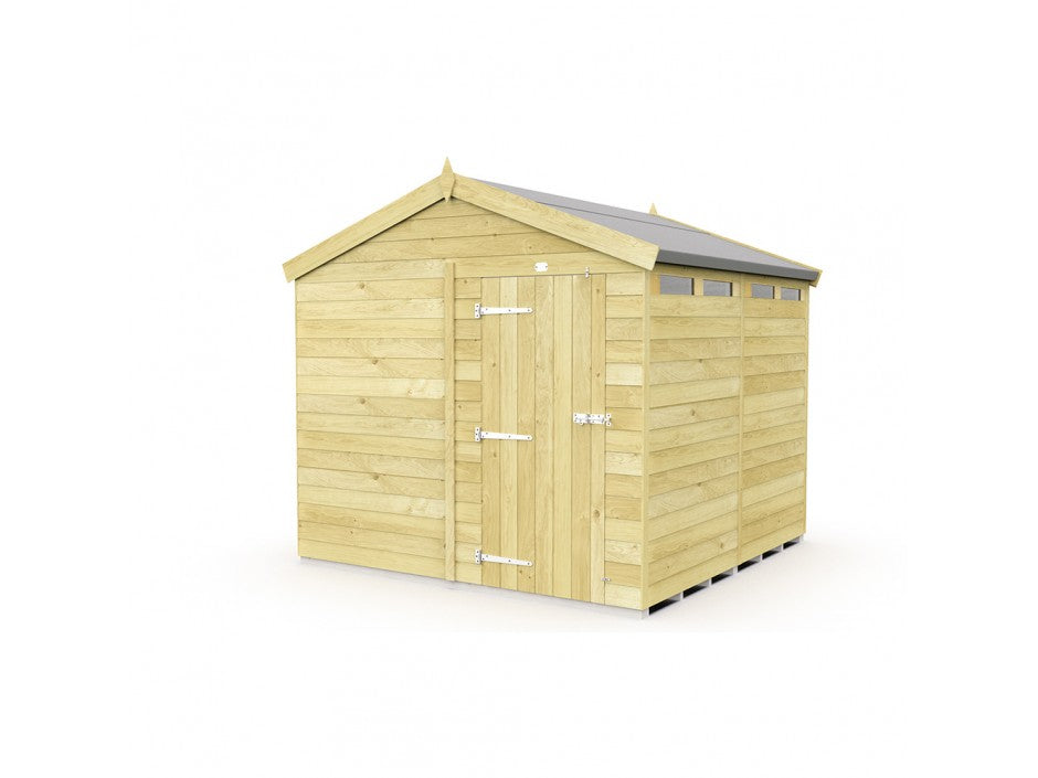 The Apex Shed 8ft wide by ShedsDIY features an elegant peaked roof, sturdy front door, three small horizontal windows below the roofline on one side, and is made from light-colored tongue and groove wood panels, offering versatile garden storage on a robust wooden base.