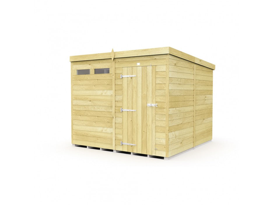 The ShedsDIY Pent Shed 8ft wide features wooden construction with horizontal planking, a flat roof, and ideal garden storage. It includes a single door with metal hinges, small top windows, and is built on a raised base for extra durability.