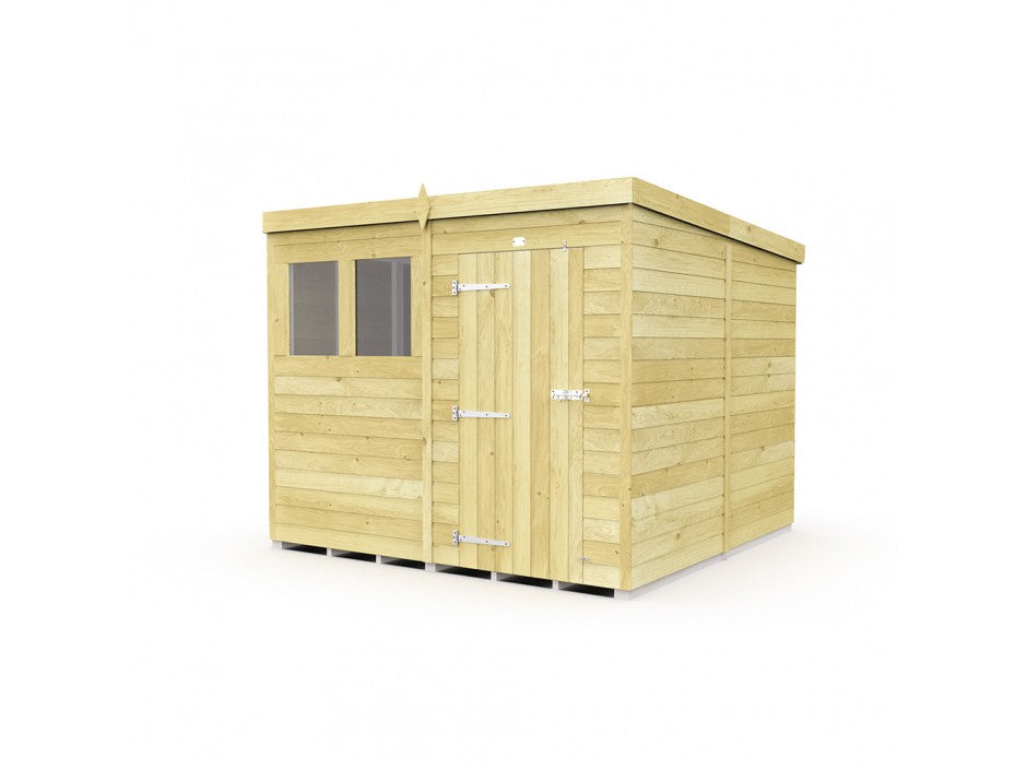 The ShedsDIY Pent Shed 8ft wide is ideal for garden storage, featuring a light wooden build with two sections. The left has a window; the right, with tongue and groove construction, has a door with metal hinges and handle. This versatile shed stands gracefully against a white background.