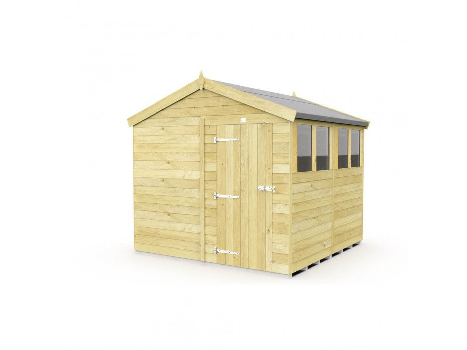 The ShedsDIY Apex Shed 8ft wide is a stylish garden storage solution with a pitched roof, three small windows on one side, tongue and groove panels in a light natural wood color, a single door with metallic hinges, and sits on a raised base against a plain white background.