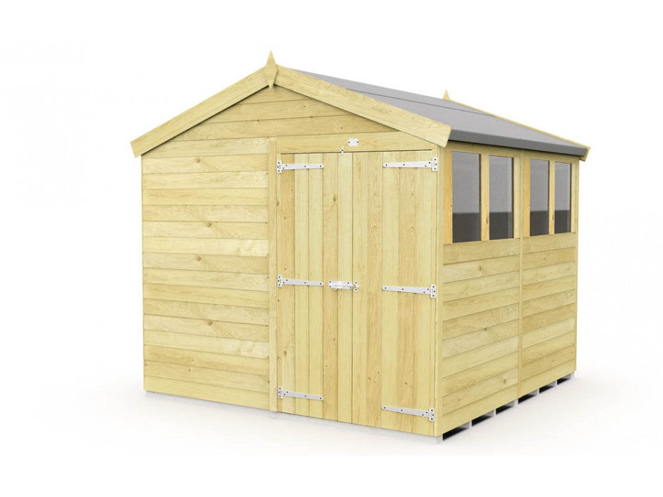 The ShedsDIY Apex Shed 8ft wide, ideal for garden storage, features a gabled roof, double doors with metal hinges and fixtures, and three small side windows. It has light brown tongue and groove timber panels.