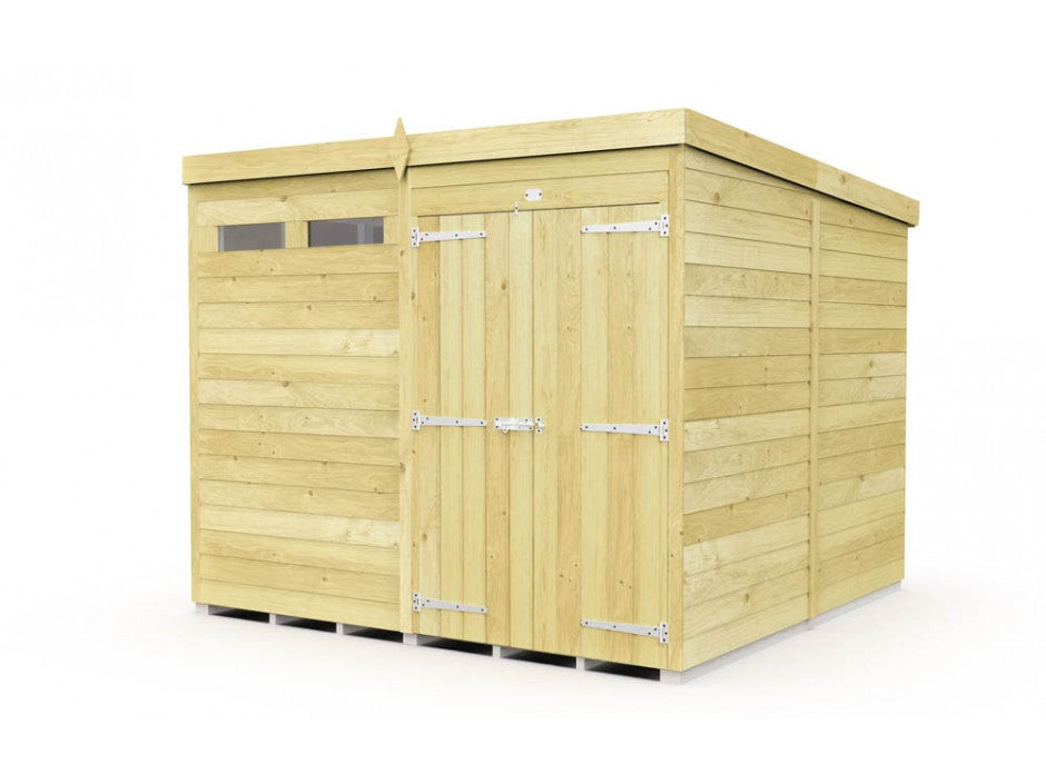 The ShedsDIY Pent Shed 8ft wide features light brown horizontal tongue and groove panels with a modern flat roof. Ideal for garden storage, it includes double doors with metallic hinges and handles, a small left-side window, and is displayed against a white background.