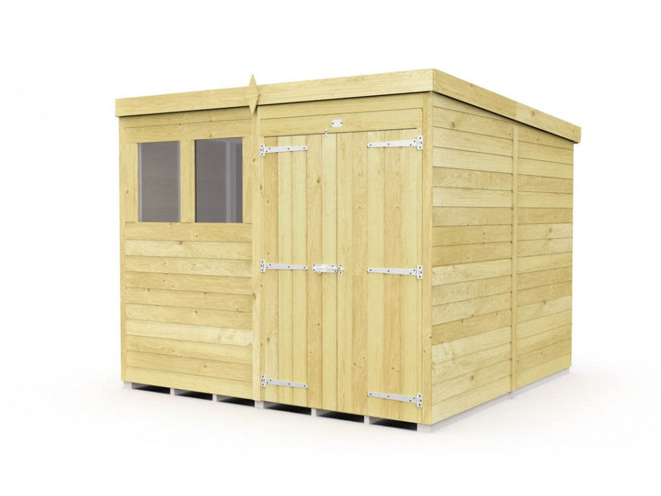 The Pent Shed 8ft wide by ShedsDIY is a wooden garden shed featuring a flat roof, tongue and groove light-colored planks, double doors with metal hinges, and a window with two glass panes on one side. Perfect for garden storage against a plain white background.