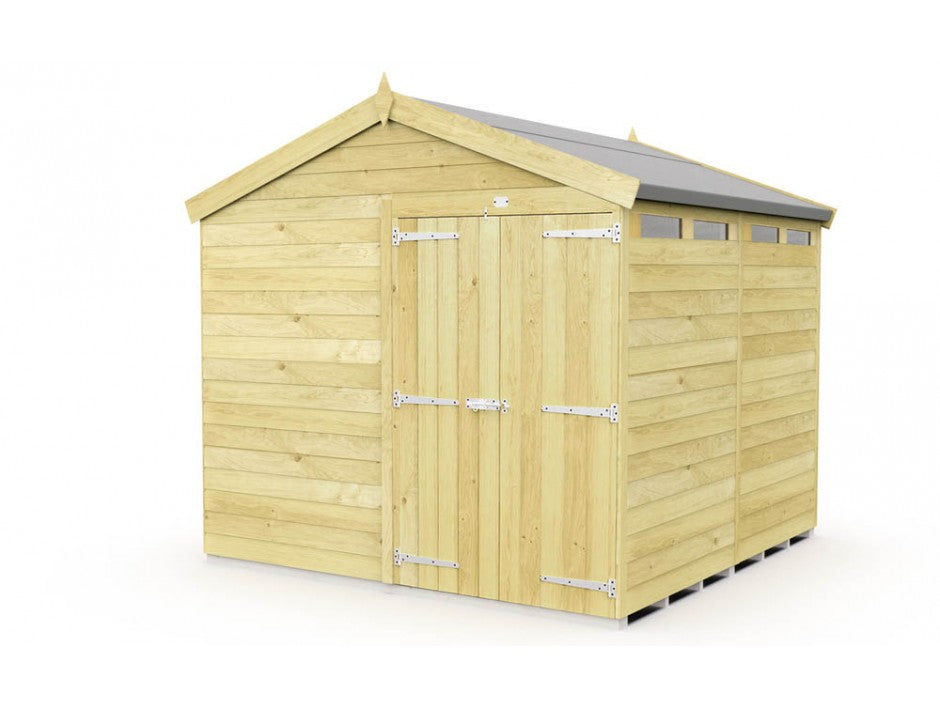 The ShedsDIY Apex Shed, 8ft wide, features tongue and groove horizontal planks with a pitched apex-style roof. It has double doors secured by metal hinges and a row of small windows near the roof—perfect for garden storage.