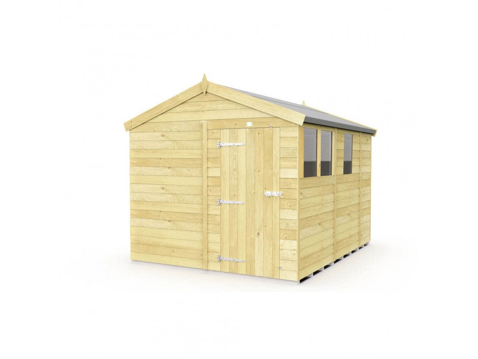 The Apex Shed 8ft wide by ShedsDIY boasts a gabled roof, light-colored tongue and groove wood panels, and three rectangular windows. This garden storage solution includes a front single door and is displayed against a white background.