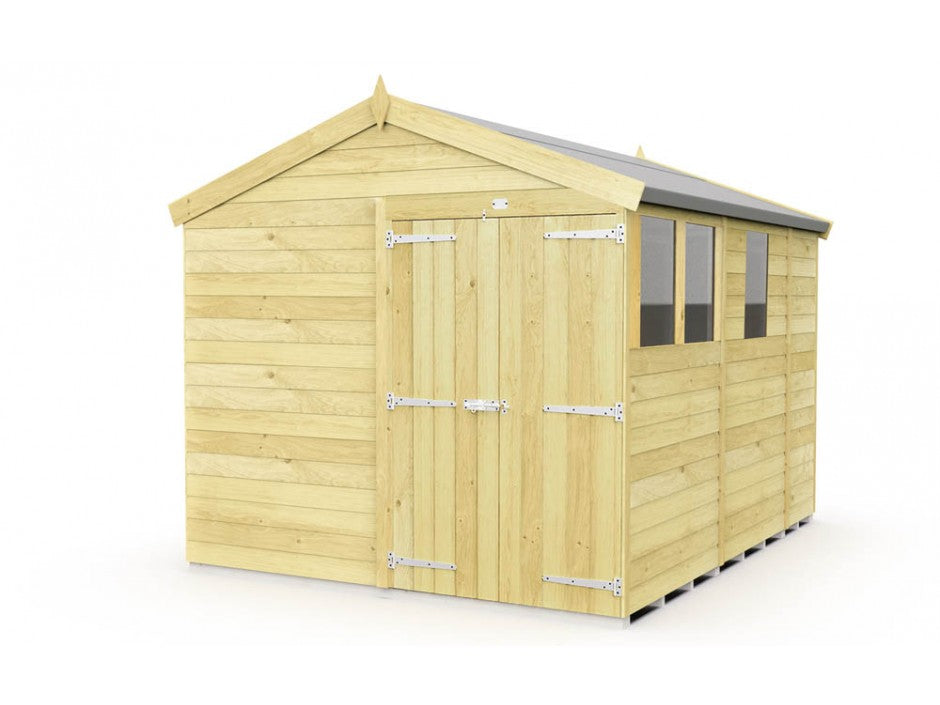 An 8ft wide wooden garden shed from ShedsDIY, featuring tongue and groove construction with a gable roof and light-colored panels. It includes a wide double door with metal hinges and three rectangular windows on the right, ideal for garden storage.