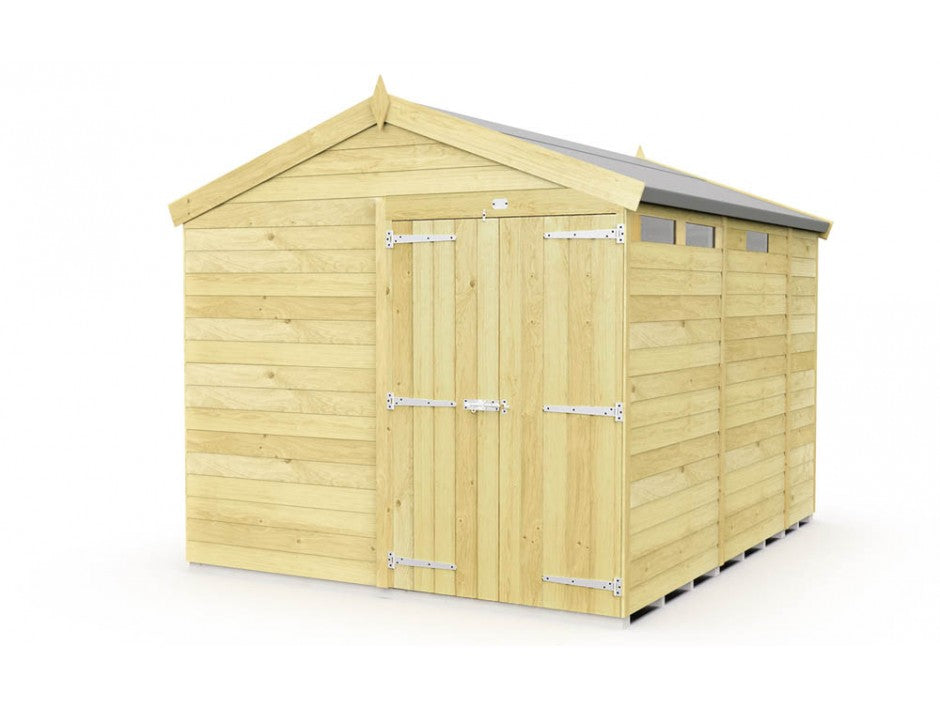 The Apex Shed 8ft wide by ShedsDIY boasts a gabled roof ideal for garden storage. It features double doors with metal hinges and locks, revealing tongue and groove construction. The natural wood finish, narrow horizontal panels, and small rectangular windows enhance any garden's charm.