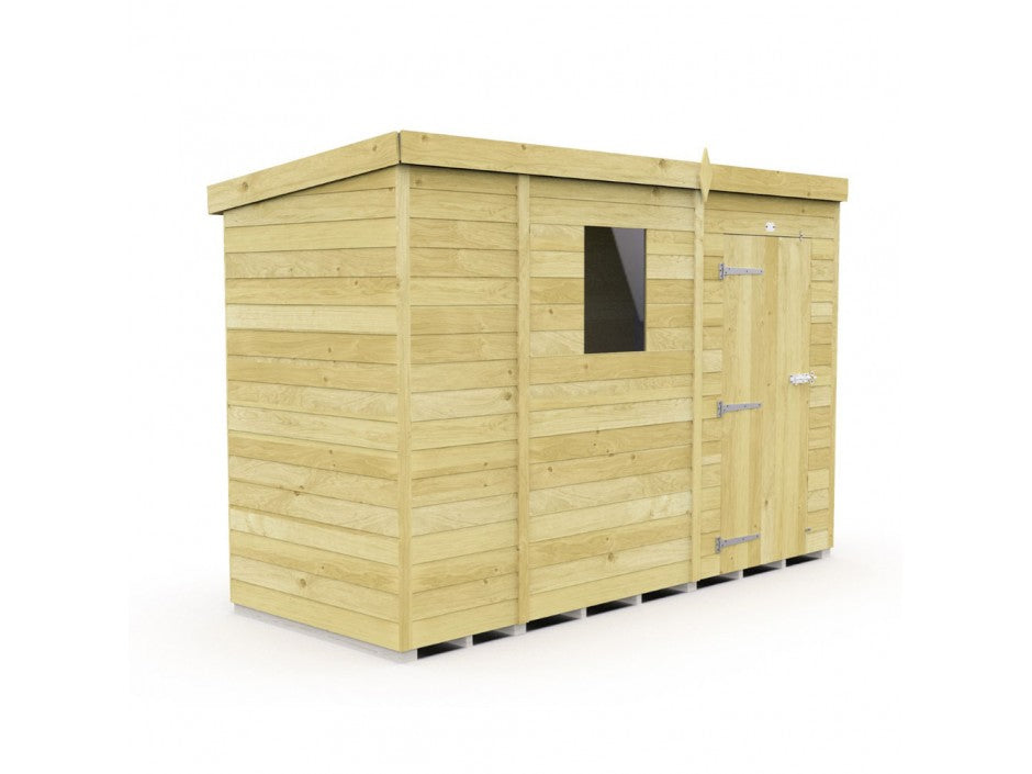 The ShedsDIY Pent Shed 4ft wide features a flat roof and horizontal plank design with tongue and groove panels. It has a single door with metal hinges, a small square window, is elevated on a base, and boasts a light natural wood finish.