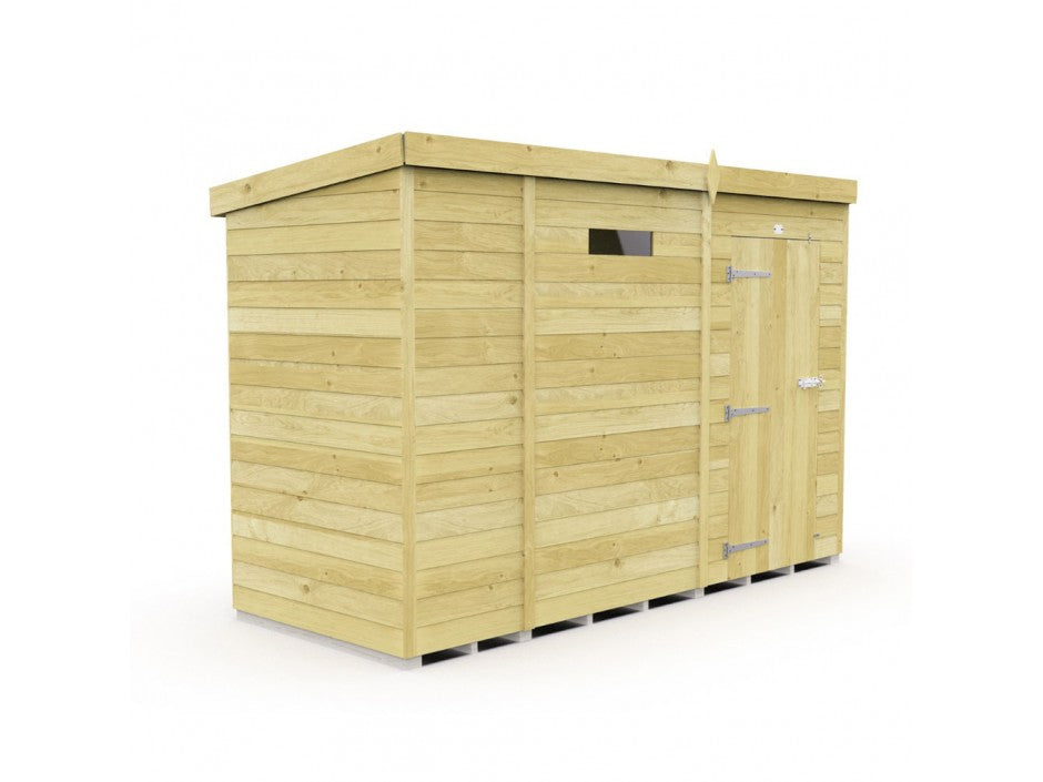 The ShedsDIY Pent Shed 4ft wide is perfect for garden storage, featuring tongue and groove cladded panels with a flat roof. It includes a single door with metal hinges and handle, plus a small window near the top, all elevated on wooden supports.