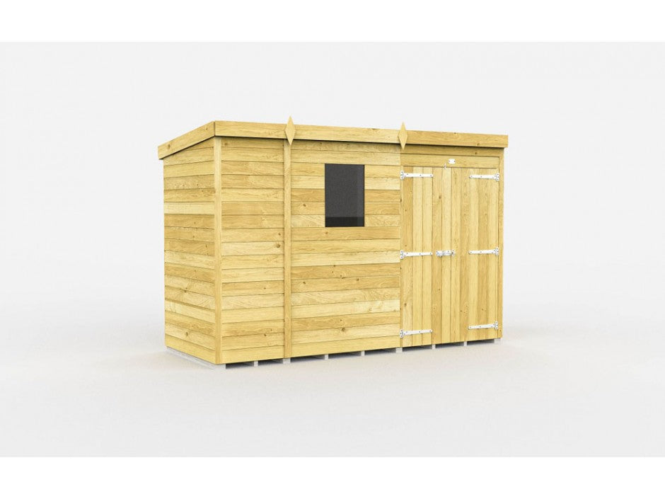 The ShedsDIY Pent Shed 4ft wide features tongue and groove cladded panels, a flat roof, a small square window, and double doors with metal hinges. This stylish garden storage building is showcased against a plain white background.