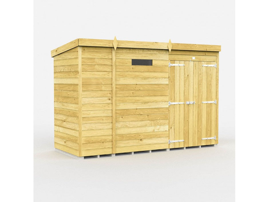The Pent Shed 4ft wide by ShedsDIY is a stylish wooden garden storage building with a flat roof, crafted from tongue and groove cladded panels. It features double doors with right-side metal hinges and a small horizontal window on the left, set against a plain white background.