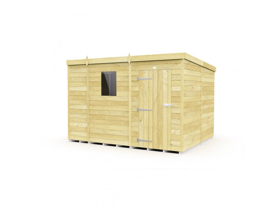 A charming ShedsDIY Pent Shed 8ft wide features light brown tongue and groove panels in a small, rectangular wooden design with a single window on the left and a door with metal hinges on the right, set against a plain white background.