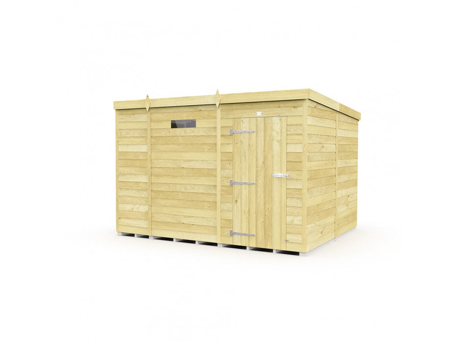 The ShedsDIY Pent Shed 8ft wide features horizontal tongue and groove planks, a flat roof, a single door with metal hinges, and a small rectangular window. It is ideal for garden storage and set against a plain white background.