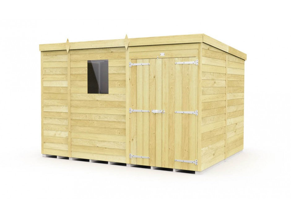 The ShedsDIY Pent Shed 8ft wide features light-colored horizontal tongue and groove panels, a functional design with a single left-side window, double front doors secured by metal hinges, ideal for practical garden storage.