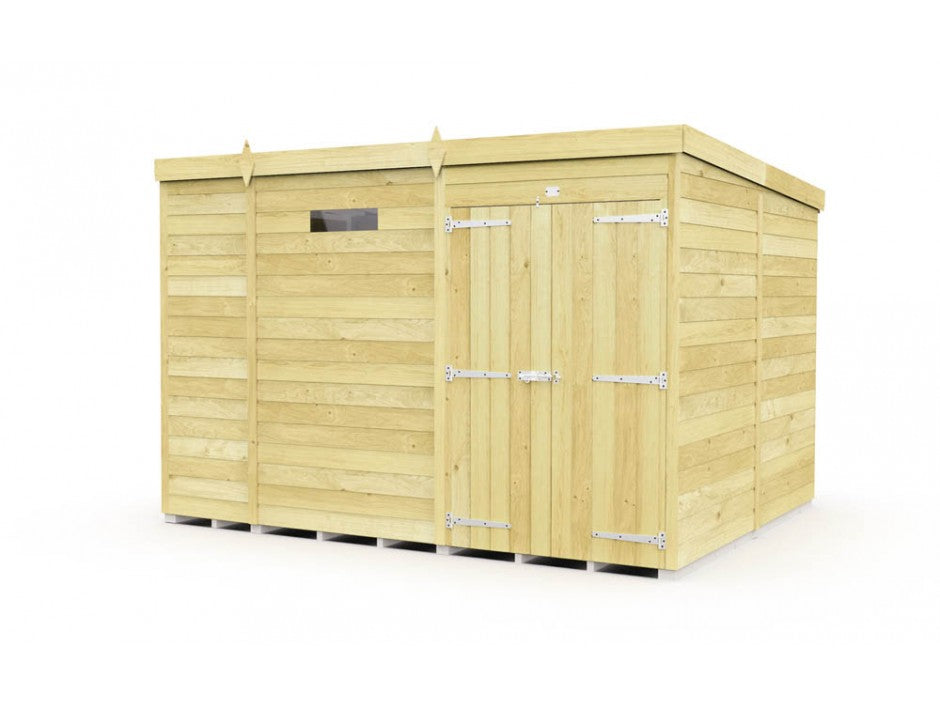 The ShedsDIY Pent Shed 8ft wide is a stylish, practical garden shed made from light wood with tongue and groove panels. It features a flat roof, single door with metal hinges, and small horizontal window for garden storage, all against a plain white backdrop.