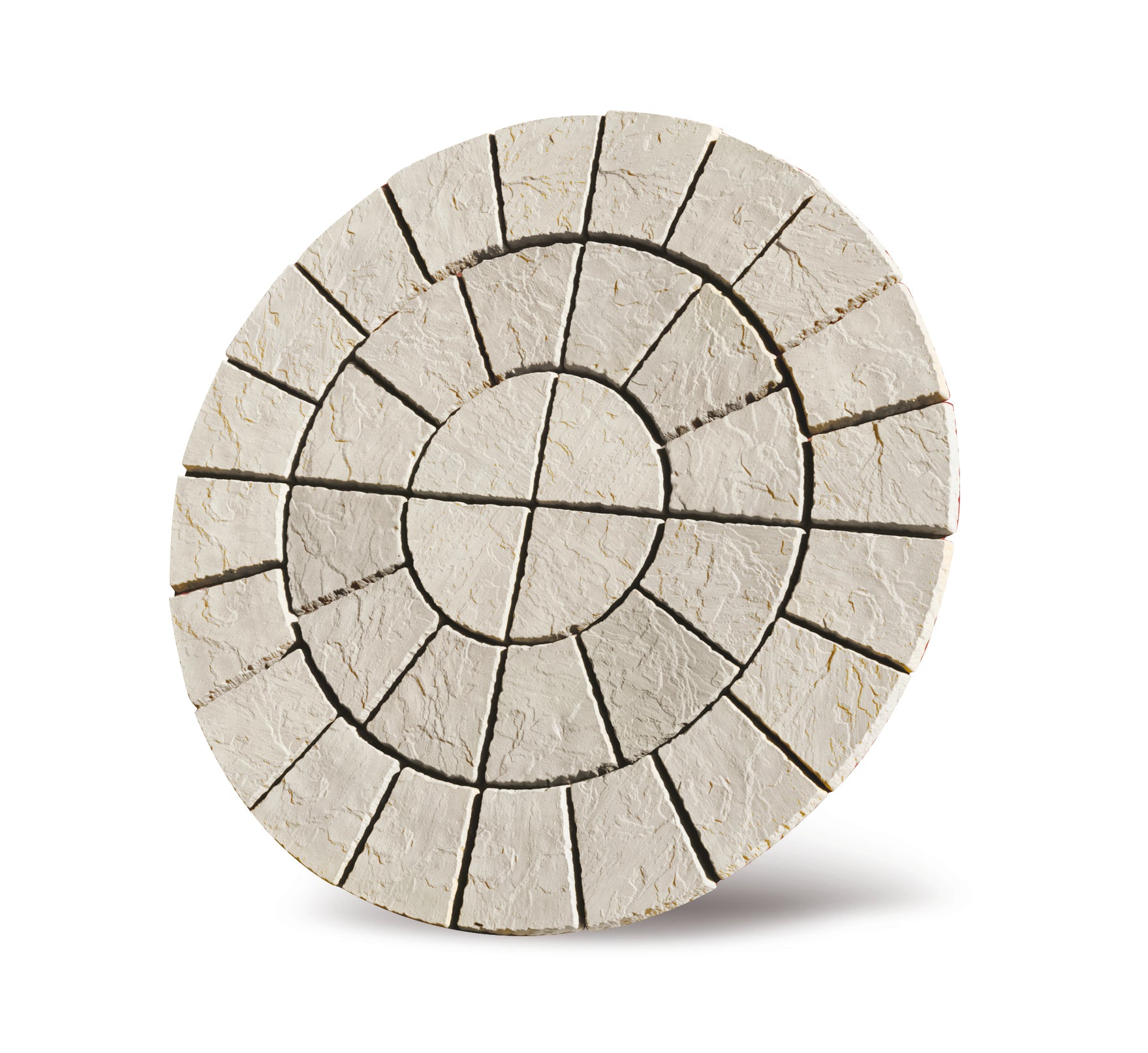 A circular white stone with black lines, the Weathered Moss Cathedral Circle Kit by Bowland Stone from Brisks makes a stunning addition to your garden features. Over time, its weathered moss accents will enhance its natural charm.