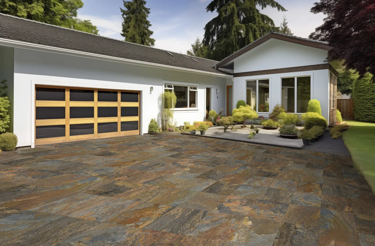 A modern, single-story house boasting a large wooden garage door. The front yard features a neatly arranged garden with small shrubs and a stone pathway. The driveway is elegantly paved with Brisks Copper Moon Porcelain Paving, offering a slip-resistant surface for safe outdoor areas.
