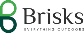 The image is a logo for the brand "Brisks." It features two interlocking green shapes forming the letter "B" on the left. The brand name "Brisks" is written in black text on the right, and below it, the tagline "EVERYTHING OUTDOORS" is in smaller black text.