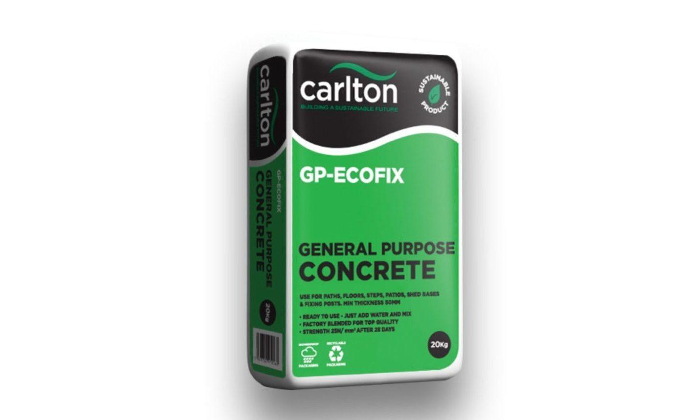 A 20kg bag of Brisks General Purpose Concrete is shown against a plain background. The green and white bag with black text features Brisks' logo along the top. Marked as eco-friendly, this ready-to-use concrete comes with easy application instructions written on it.