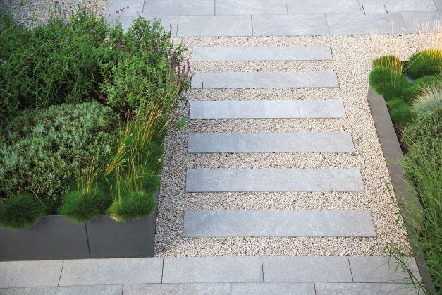 a garden with a stone walkway and plants