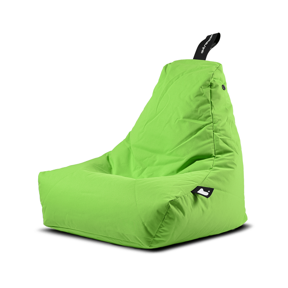 A bright green bean bag chair with a high backrest, made from premium quality fabric. The chair has a soft, cushioned appearance and a handle at the top for easy transport. It sits on a flat surface and is designed for durable and comfortable seating, perfect for extreme lounging with the Brisks Extreme Lounging Outdoor Mini B-Bag.