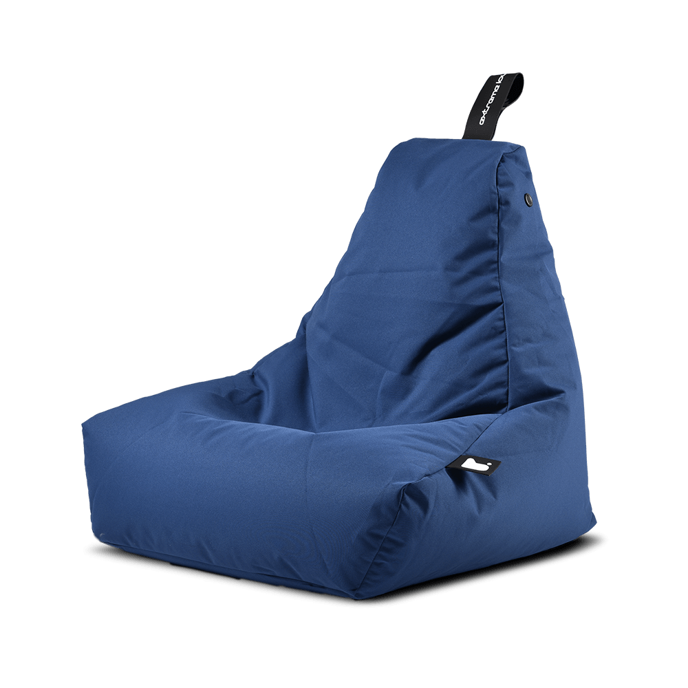 A blue, triangular bean bag chair with a backrest and a black handle on the top. The Brisks Extreme Lounging Outdoor Mini B-Bag features a relaxed, cushioned seating area and slightly raised sides. Made from premium quality fabric, it appears smooth, durable, and incredibly comfortable for any setting.
