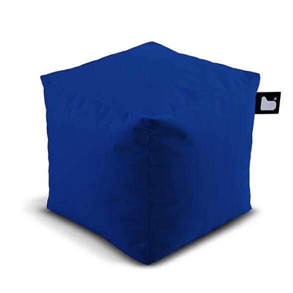 A blue cube-shaped bean bag filled with polystyrene beads, featuring smooth fabric and a small black tag with a white heart in the corner. The Extreme Lounging Outdoor B-Box by Brisks, part of the Outdoor B-Box collection, sits on a neutral white background, perfect for your garden retreat.