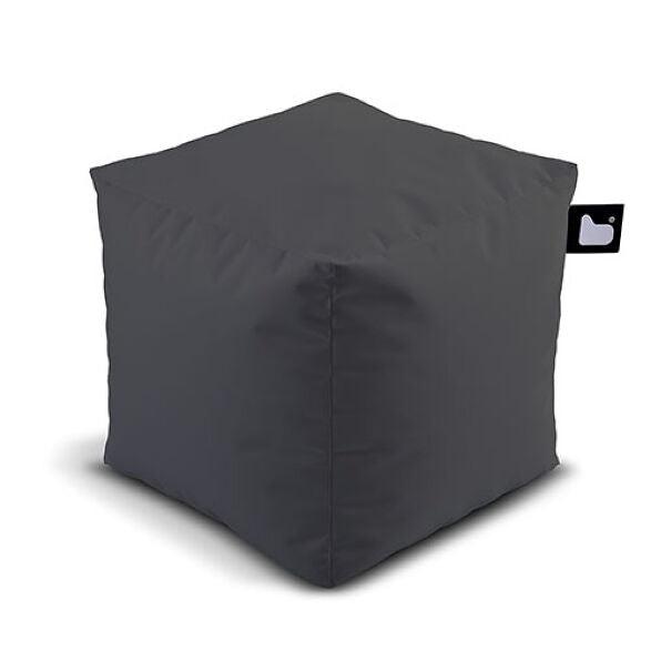 A dark gray Extreme Lounging Outdoor B-Box by Brisks, filled with polystyrene beads, boasts a small black tag featuring a white heart symbol on one corner. Made of smooth fabric, it seamlessly fits into your garden retreat. The Extreme Lounging Outdoor B-Box is placed on a plain white background, adding to its minimalist charm.